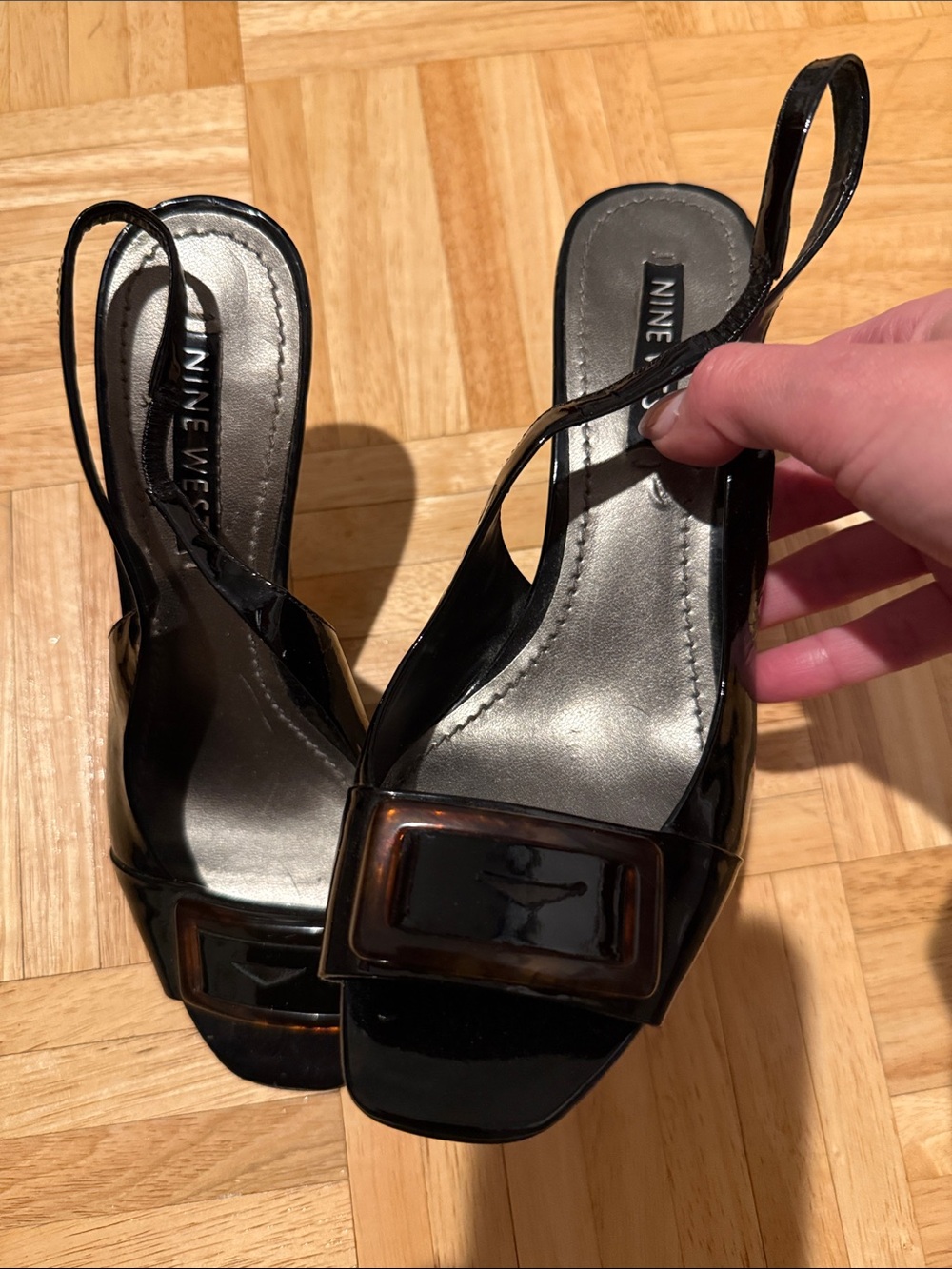 Nine West Black Patent Slingback Heels with Tortoiseshell Buckle